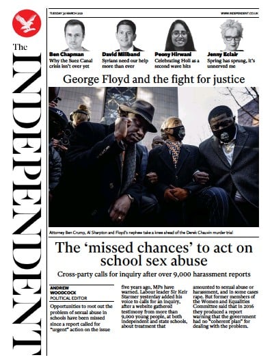 The Independent (UK) Newspaper Front Page for 31 March 2021