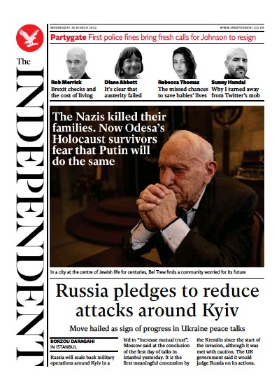 The Independent (UK) Newspaper Front Page for 31 March 2022