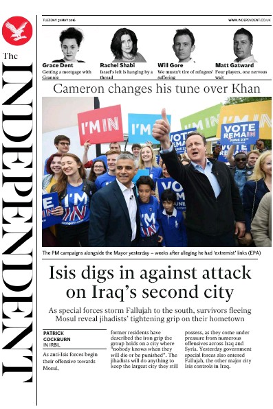 The Independent Newspaper Front Page for 31 May 2016