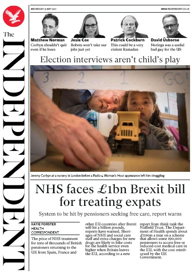 The Independent (UK) Newspaper Front Page for 31 May 2017