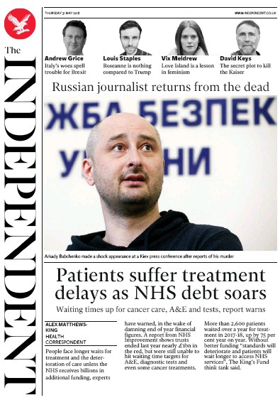 The Independent Newspaper Front Page for 31 May 2018
