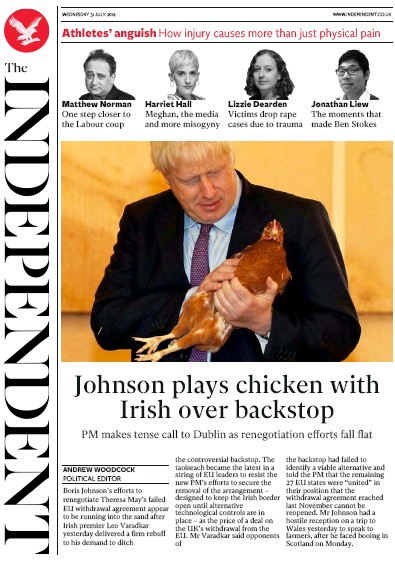 The Independent Newspaper Front Page for 31 July 2019