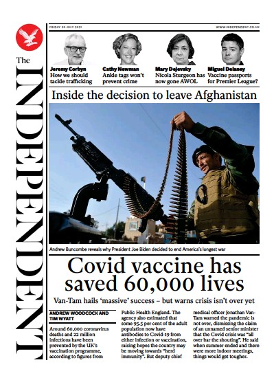 The Independent (UK) Newspaper Front Page for 31 July 2021