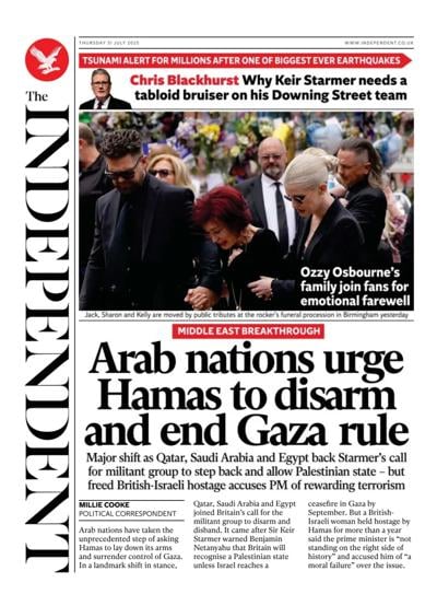 The Independent (UK) Newspaper Front Page for 31 July 2025