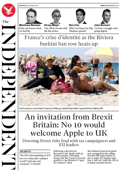 The Independent (UK) Newspaper Front Page for 31 August 2016