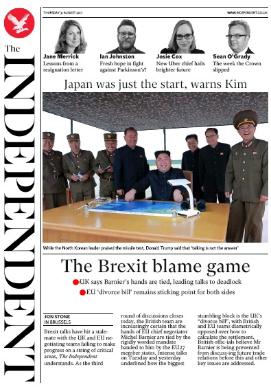 The Independent Newspaper Front Page for 31 August 2017
