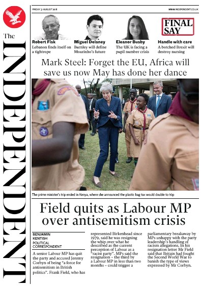 The Independent Newspaper Front Page for 31 August 2018
