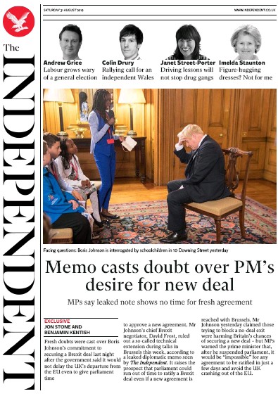The Independent Newspaper Front Page for 31 August 2019