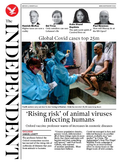 The Independent (UK) Newspaper Front Page for 31 August 2020