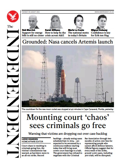 The Independent (UK) Newspaper Front Page for 31 August 2022