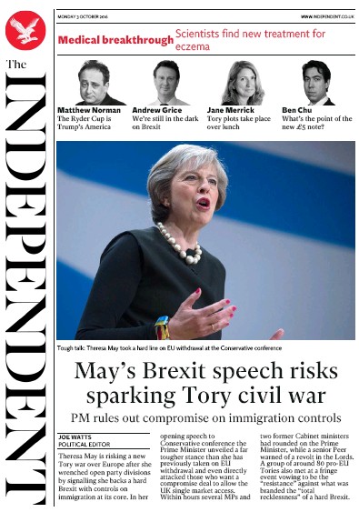 The Independent (UK) Newspaper Front Page for 3 October 2016
