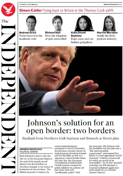 The Independent Newspaper Front Page for 3 October 2019