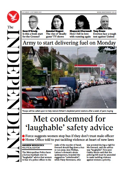 The Independent (UK) Newspaper Front Page for 3 October 2021