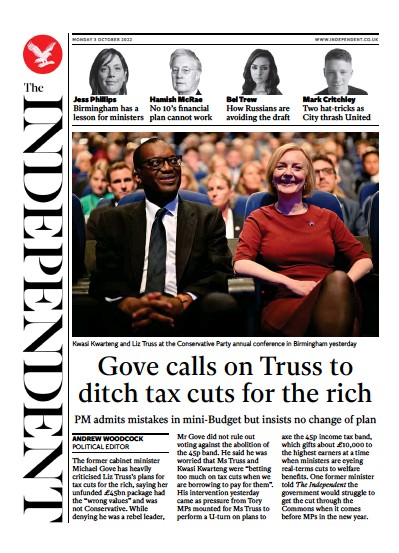 The Independent Newspaper Front Page for 3 October 2022