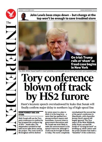The Independent (UK) Newspaper Front Page for 3 October 2023