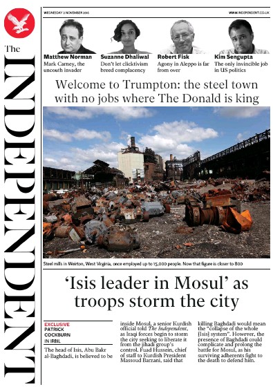 The Independent Newspaper Front Page for 3 November 2016
