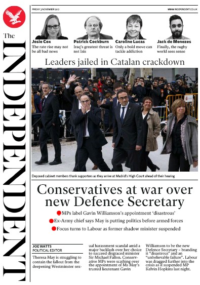 The Independent Newspaper Front Page for 3 November 2017