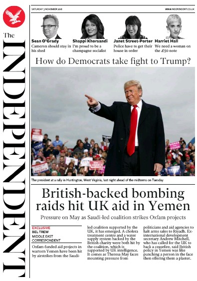 The Independent (UK) Newspaper Front Page for 3 November 2018