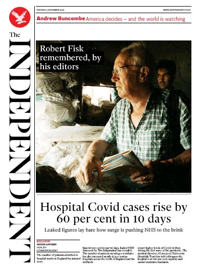 The Independent Newspaper Front Page for 3 November 2020
