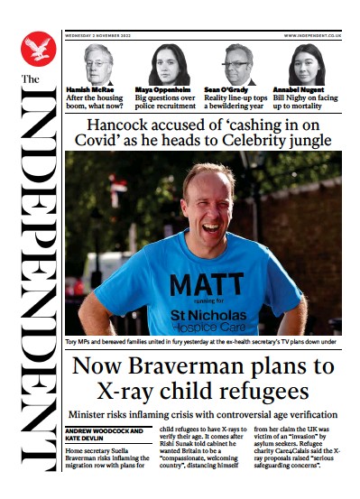 The Independent (UK) Newspaper Front Page for 3 November 2022