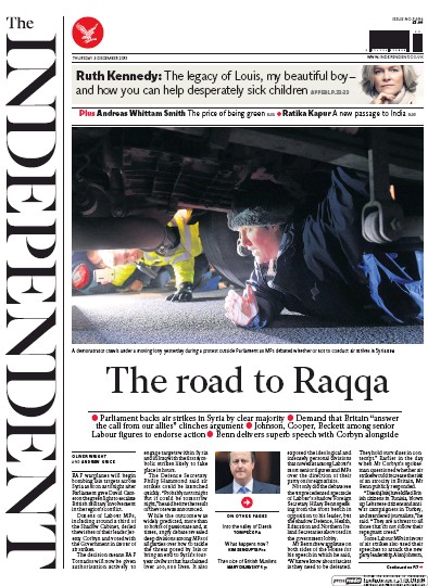 The Independent (UK) Newspaper Front Page for 3 December 2015