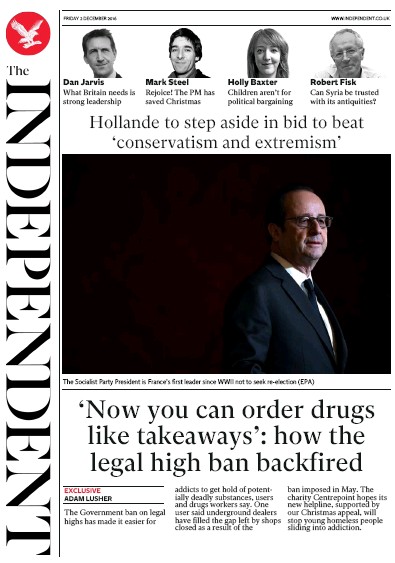 The Independent Newspaper Front Page for 3 December 2016