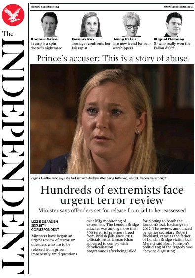 The Independent Newspaper Front Page for 3 December 2019
