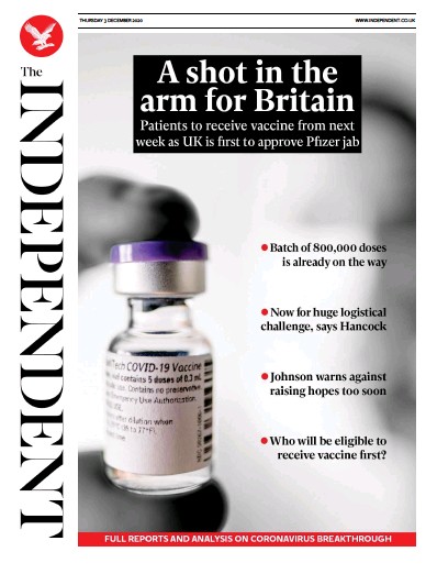 The Independent Newspaper Front Page for 3 December 2020