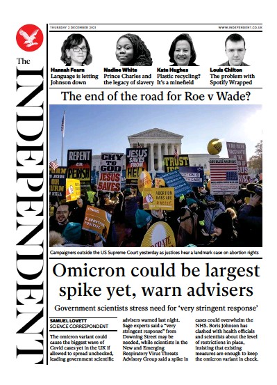 The Independent (UK) Newspaper Front Page for 3 December 2021