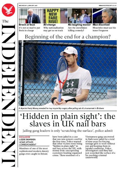 The Independent Newspaper Front Page for 3 January 2018