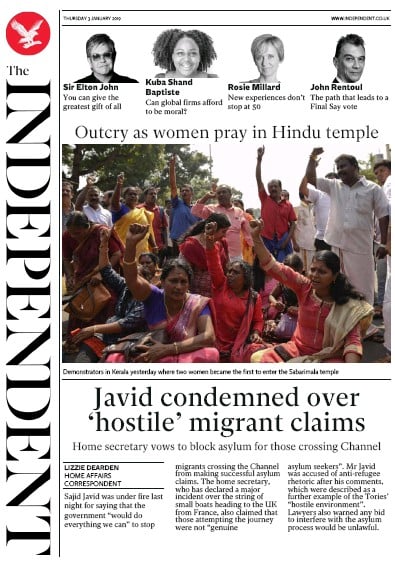 The Independent Newspaper Front Page for 3 January 2019