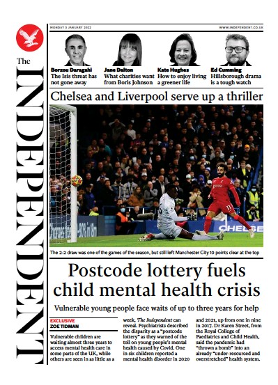 The Independent (UK) Newspaper Front Page for 3 January 2022