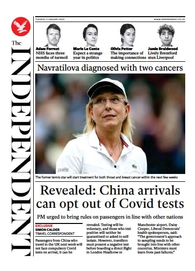 The Independent (UK) Newspaper Front Page for 3 January 2023
