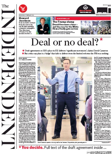 The Independent Newspaper Front Page for 3 February 2016