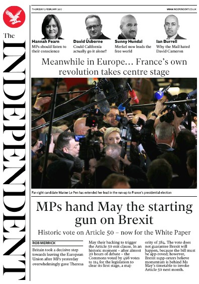 The Independent Newspaper Front Page for 3 February 2017