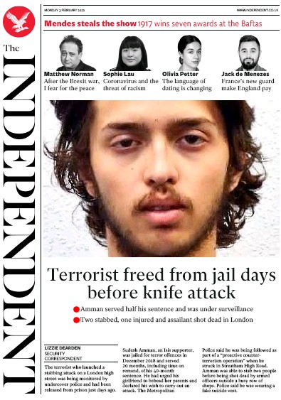 The Independent Newspaper Front Page for 3 February 2020