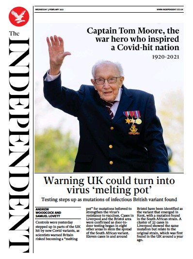The Independent Newspaper Front Page for 3 February 2021