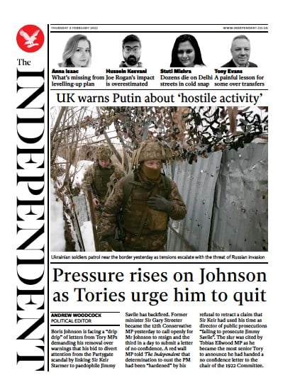 The Independent (UK) Newspaper Front Page for 3 February 2022