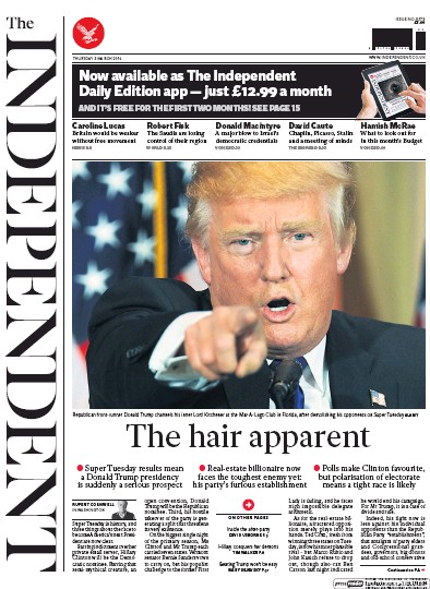 The Independent Newspaper Front Page for 3 March 2016