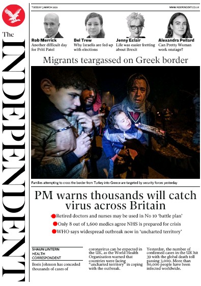 The Independent Newspaper Front Page for 3 March 2020