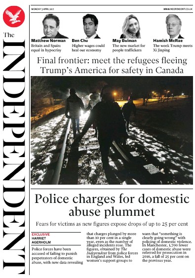 The Independent Newspaper Front Page for 3 April 2017