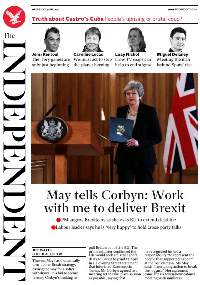The Independent Newspaper Front Page for 3 April 2019