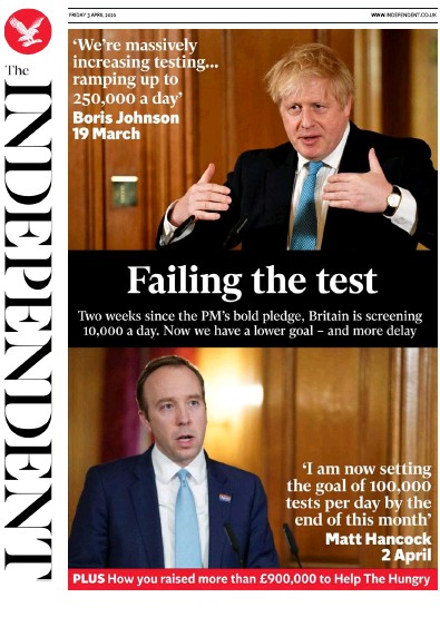 The Independent Newspaper Front Page for 3 April 2020