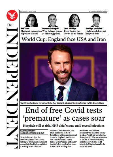 The Independent (UK) Newspaper Front Page for 3 April 2022