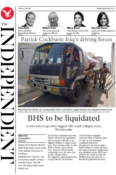 The Independent Newspaper Front Page for 3 June 2016