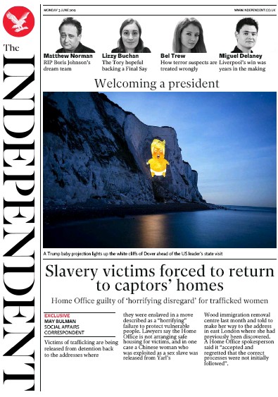 The Independent Newspaper Front Page for 3 June 2019