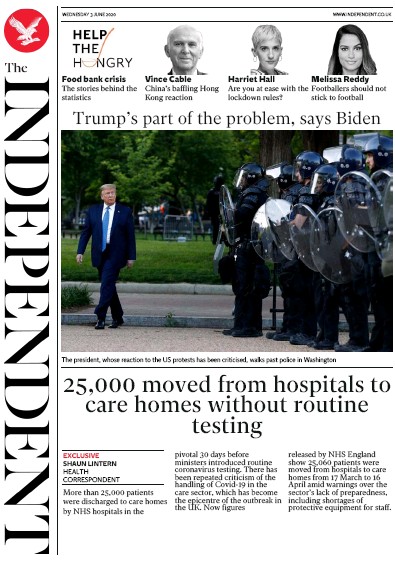 The Independent Newspaper Front Page for 3 June 2020