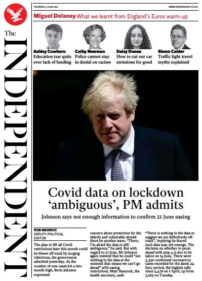 The Independent (UK) Newspaper Front Page for 3 June 2021