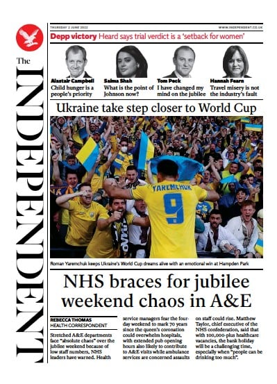 The Independent (UK) Newspaper Front Page for 3 June 2022