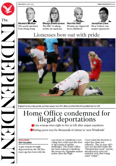 The Independent Newspaper Front Page for 3 July 2019